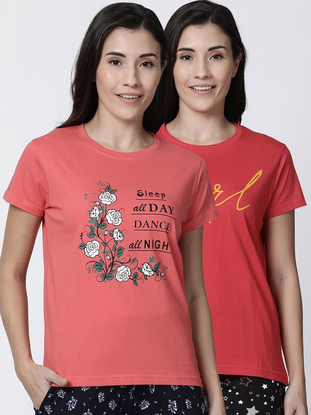 

Kryptic Women Pack Of 2 Printed Pure Cotton Lounge T-Shirts, Peach