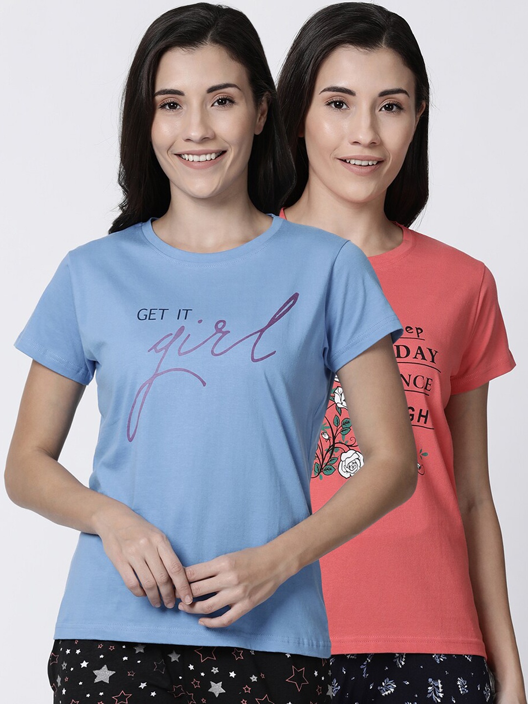 

Kryptic Women Pack Of 2 Printed Pure Cotton Lounge T-Shirts, Peach