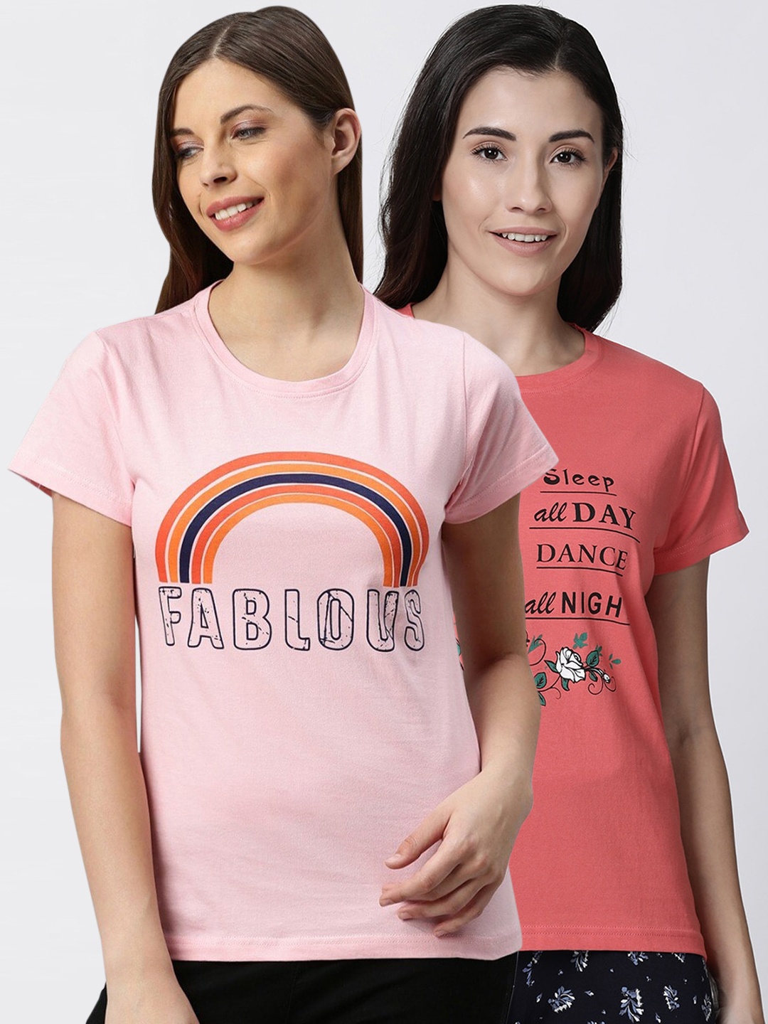 

Kryptic Women Pack Of 2 Printed Pure Cotton Lounge T-Shirts, Peach