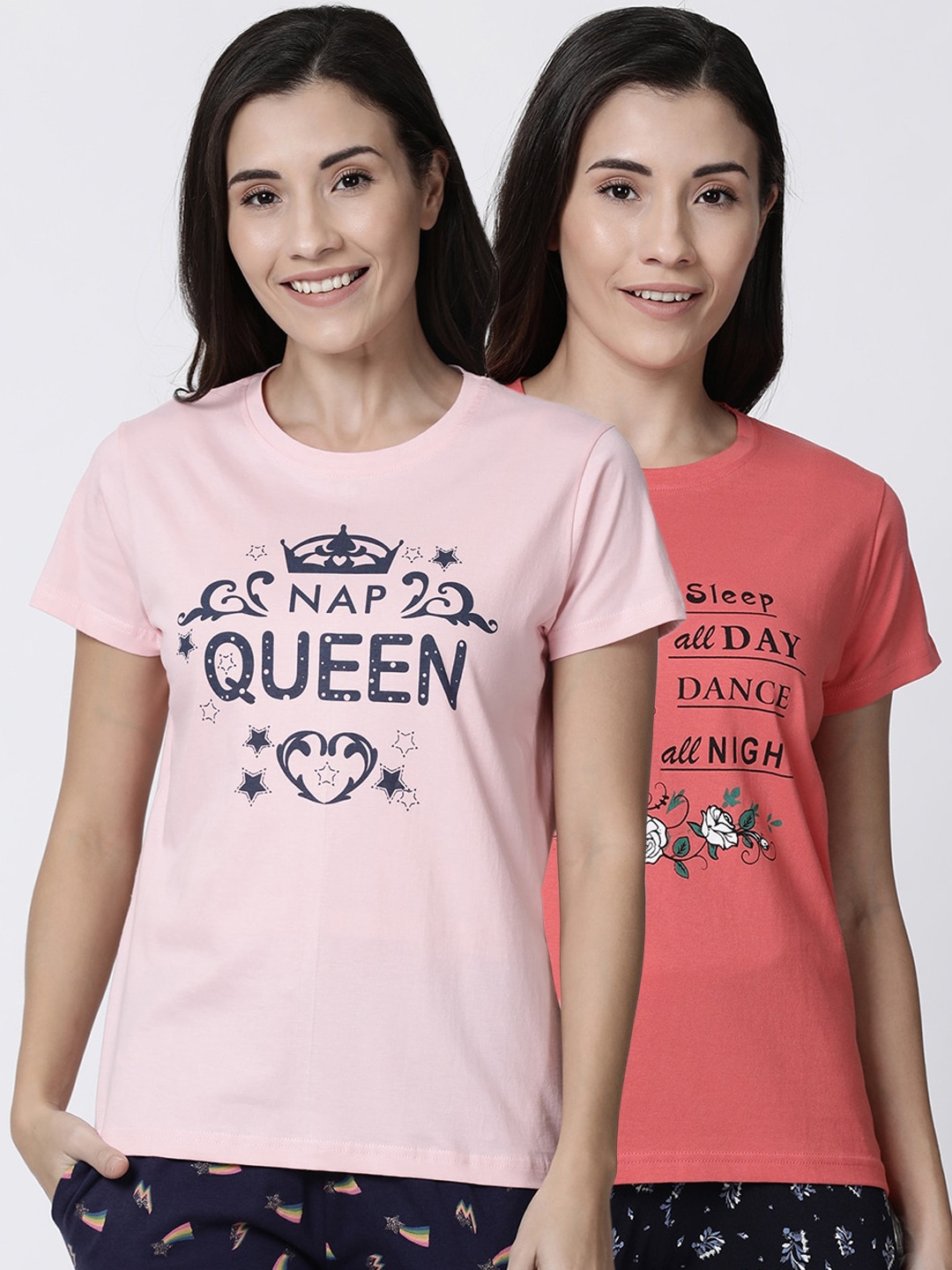 

Kryptic Women Pack Of 2 Printed Pure Cotton Lounge T-Shirts, Orange