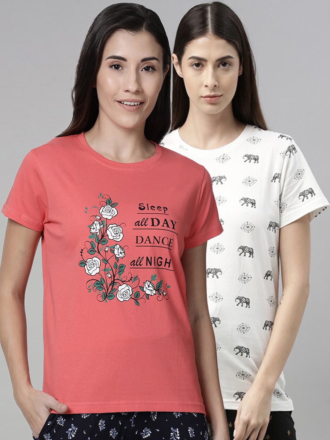 

Kryptic Women Pack Of 2 Printed Pure Cotton Lounge T-Shirts, Peach
