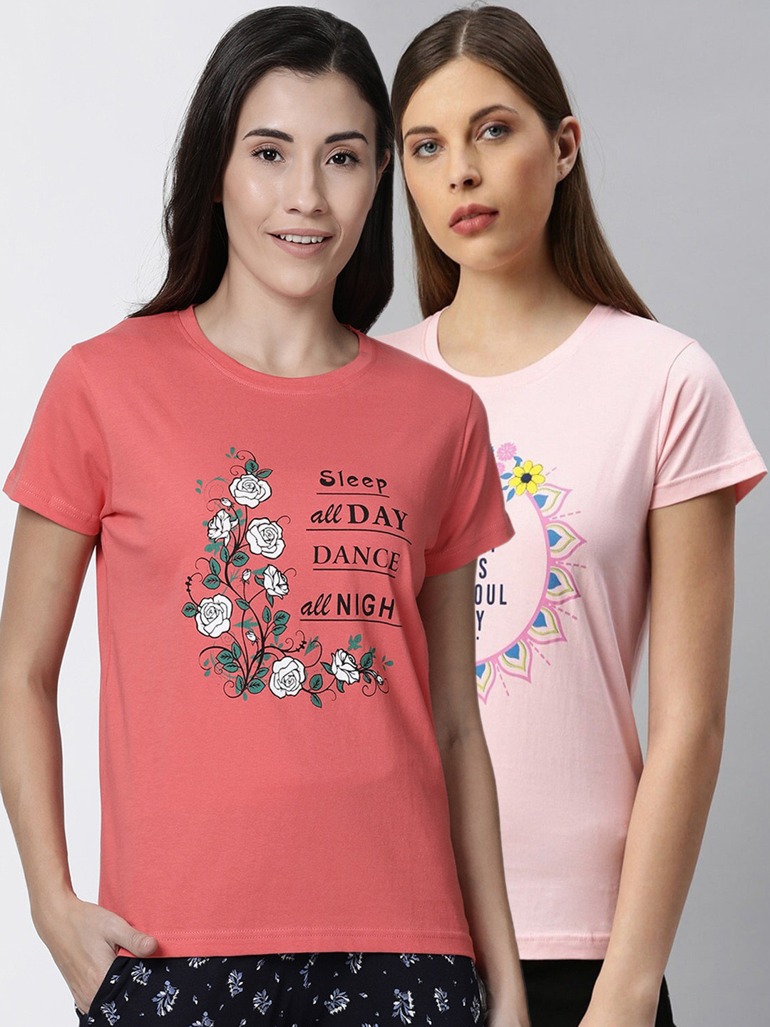 

Kryptic Women Pack Of 2 Printed Pure Cotton T-Shirts, Peach