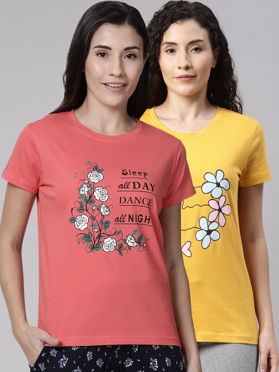 

Kryptic Women Pack Of 2 Printed Pure Cotton Lounge T-shirts, Pink