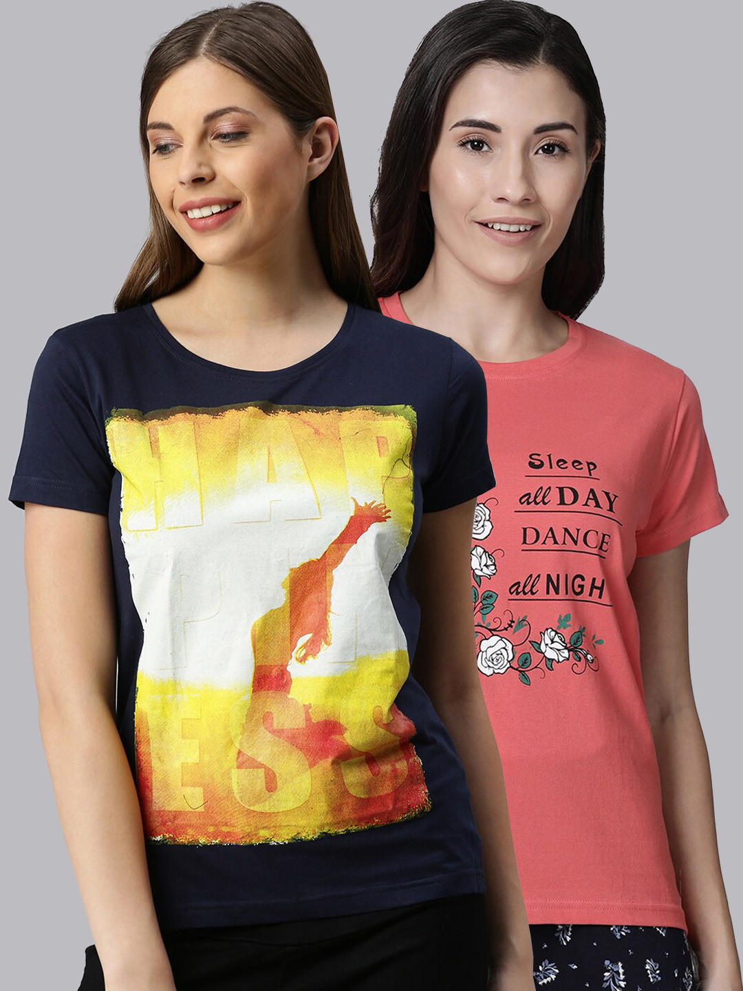 

Kryptic Women Pack Of 2 Printed Pure Cotton Lounge T-Shirts, Peach