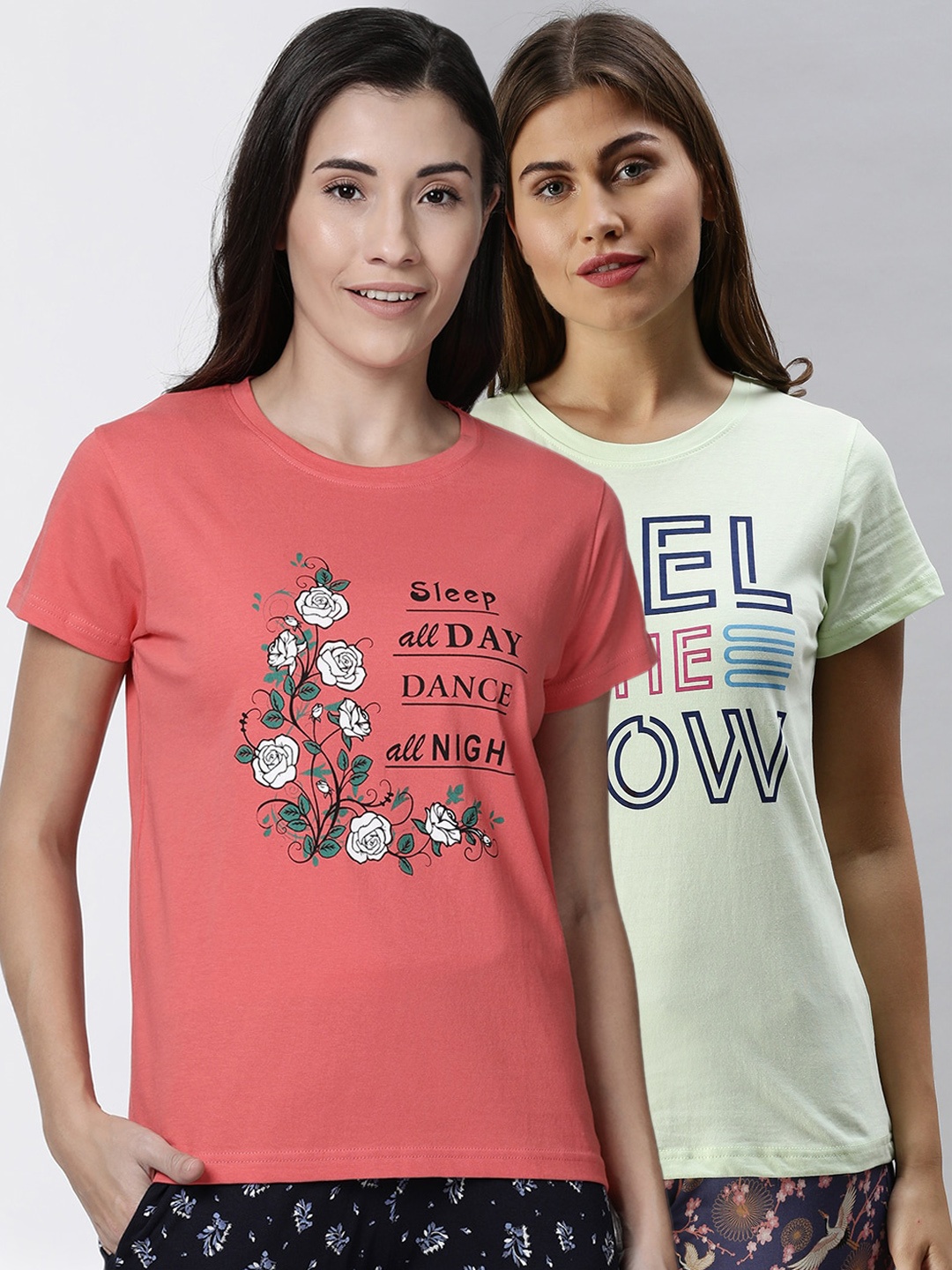 

Kryptic Women Pack of 2 Printed Pure Cotton Lounge T Shirts, Peach