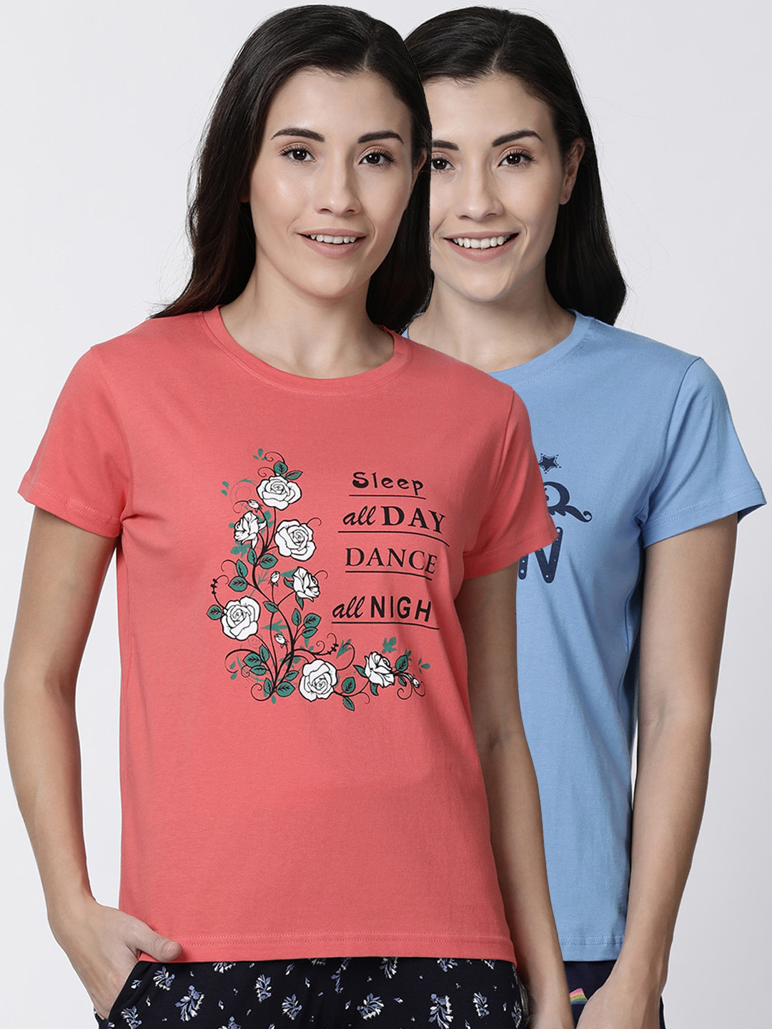 

Kryptic Women Pack Of 2 Printed Pure Cotton Lounge T-Shirts, Peach