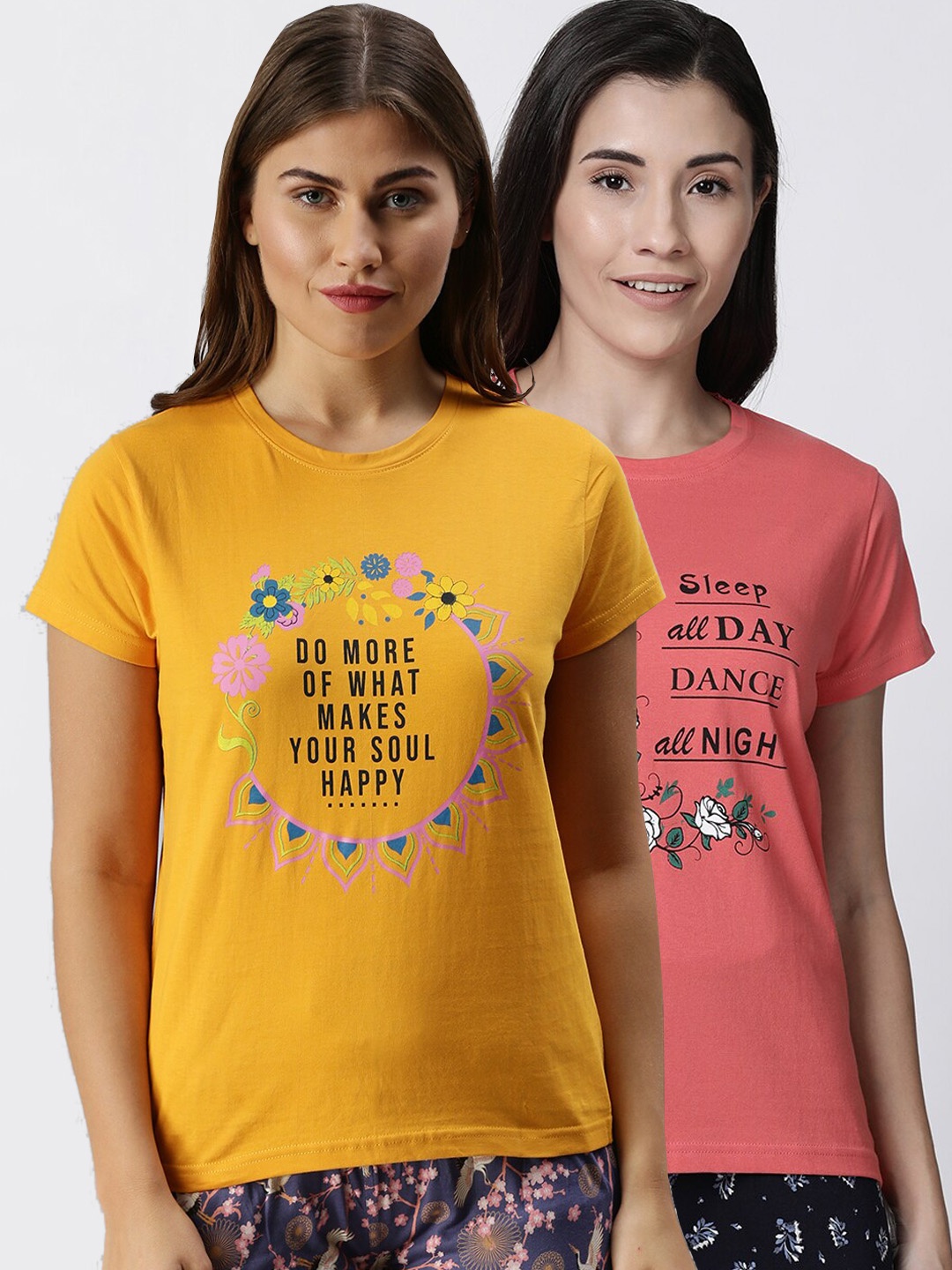 

Kryptic Women Pack Of 2 Printed Pure Cotton Lounge T-Shirts, Peach
