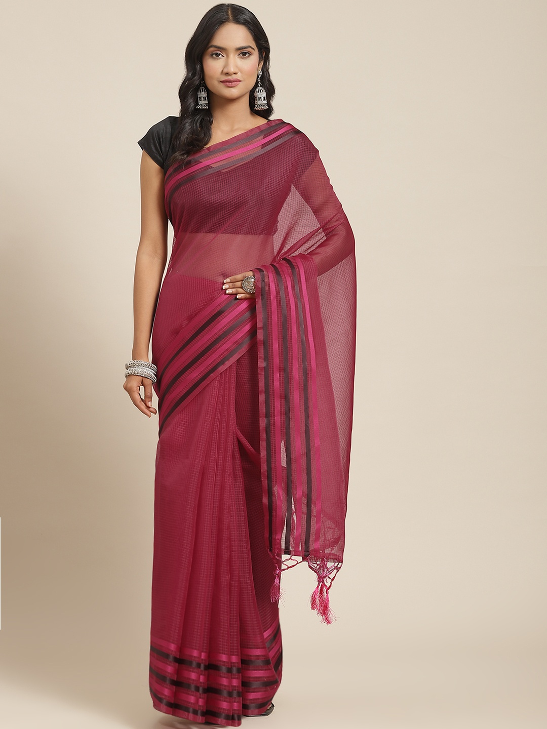 

Nanda Silk Mills Pink & Black Checked Organza Saree