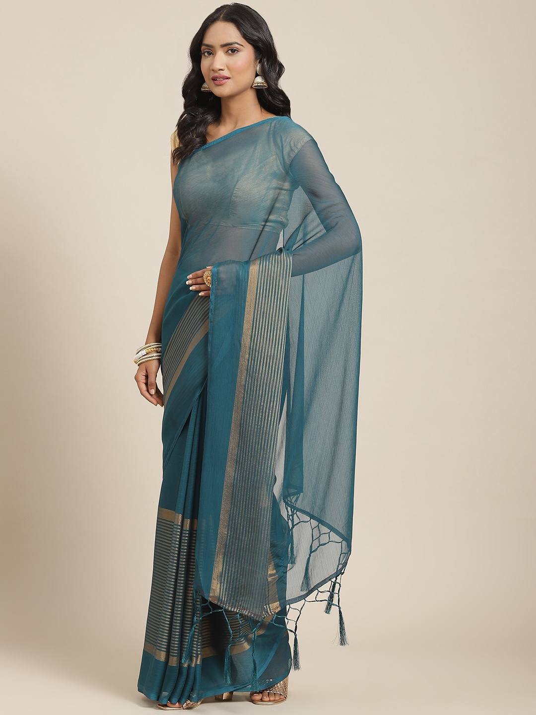 

Nanda Silk Mills Teal Green & Beige Striped Pure Chiffon Saree