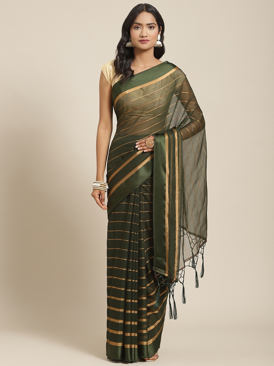 

Nanda Silk Mills Olive Green & Golden Striped Pure Chiffon Saree