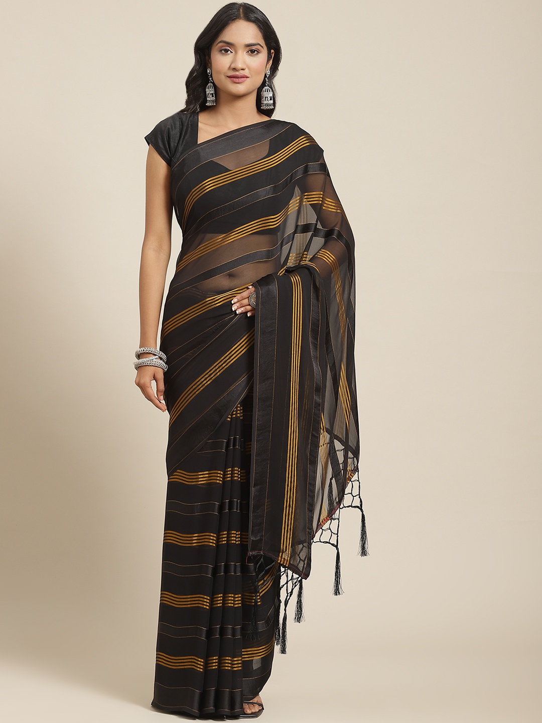 

Nanda Silk Mills Black & Gold-Toned Striped Saree