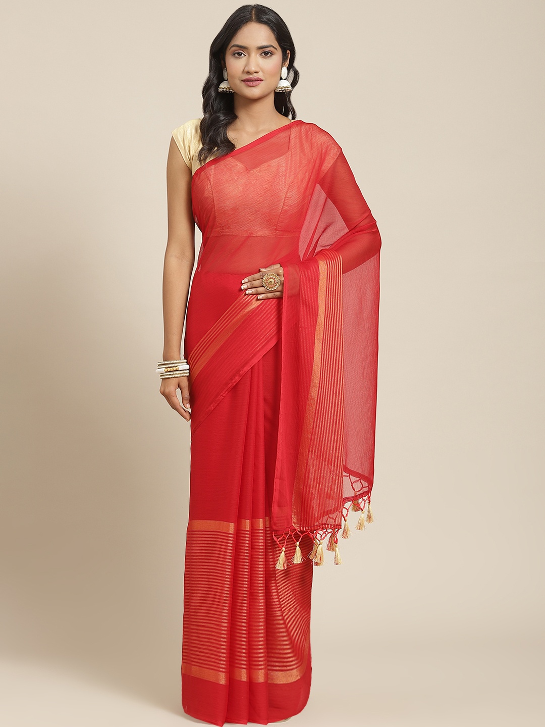 

Nanda Silk Mills Red & Gold-Toned Solid Pure Chiffon Saree