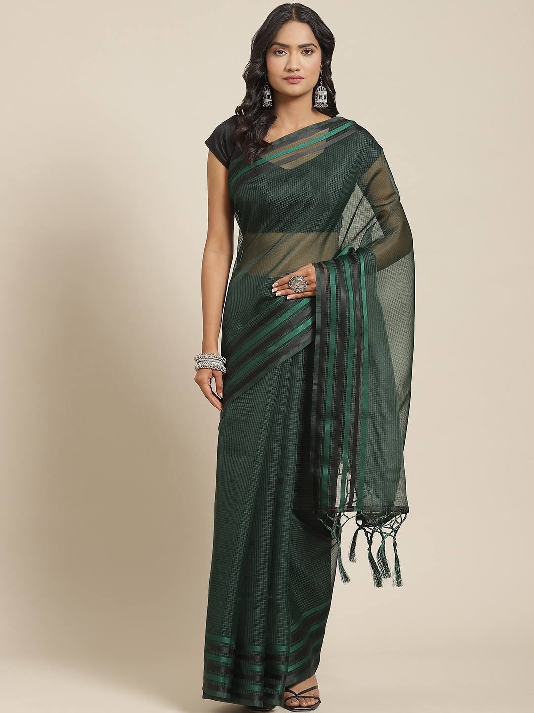 

Nanda Silk Mills Green & Black Checked Organza Saree