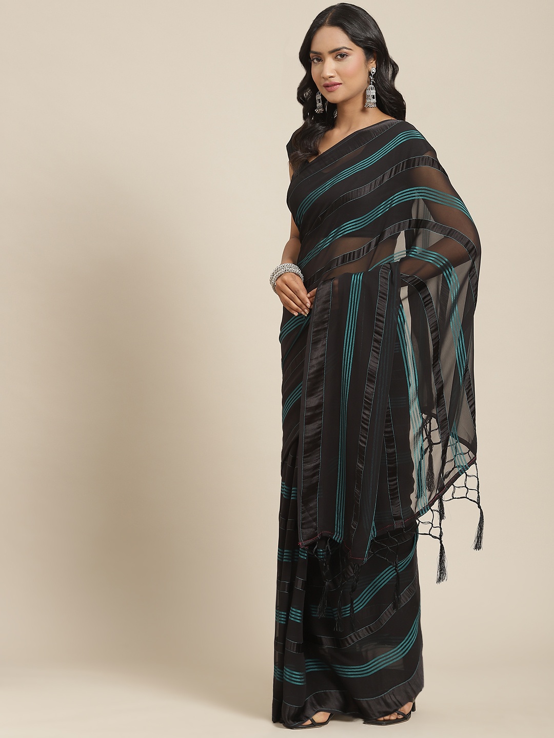 

Nanda Silk Mills Black & Green Striped Saree