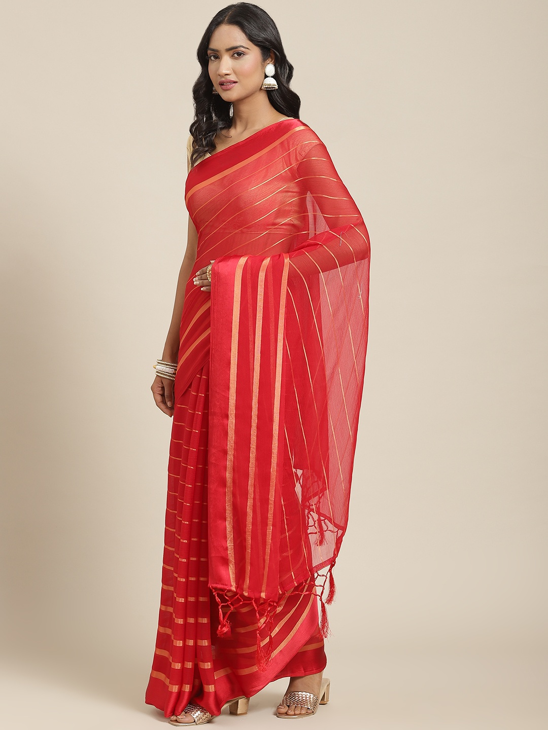 

Nanda Silk Mills Red & Gold-Toned Striped Pure Chiffon Saree
