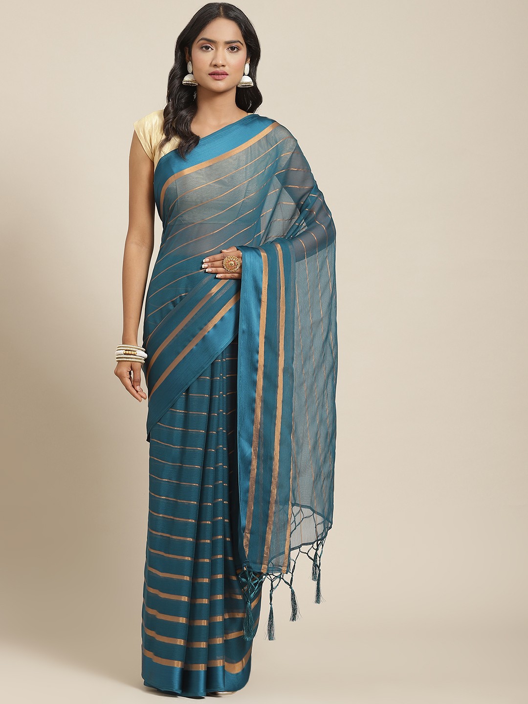 

Nanda Silk Mills Green & Gold-Toned Striped Pure Chiffon Saree