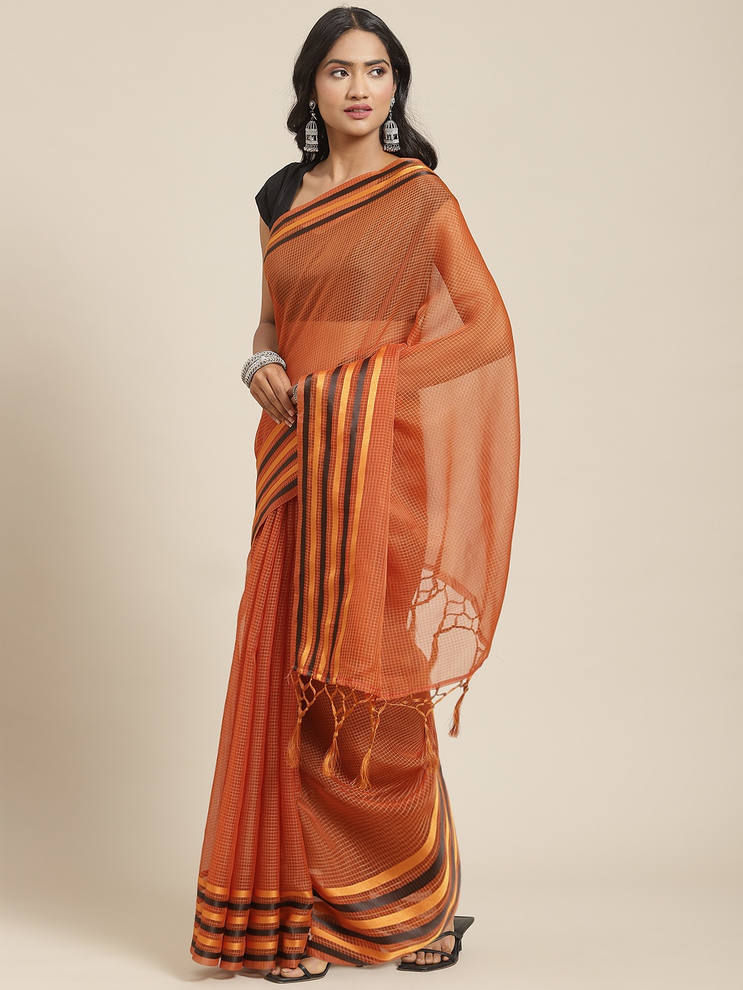 

Nanda Silk Mills Orange & Black Checked Organza Saree