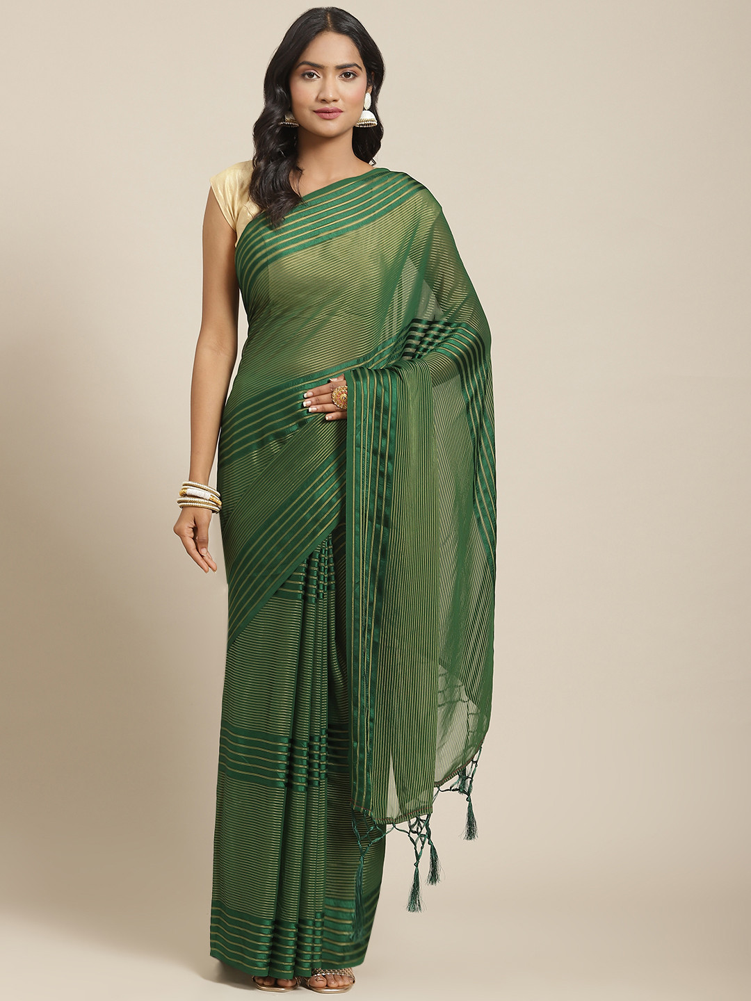 

Nanda Silk Mills Green Striped Saree
