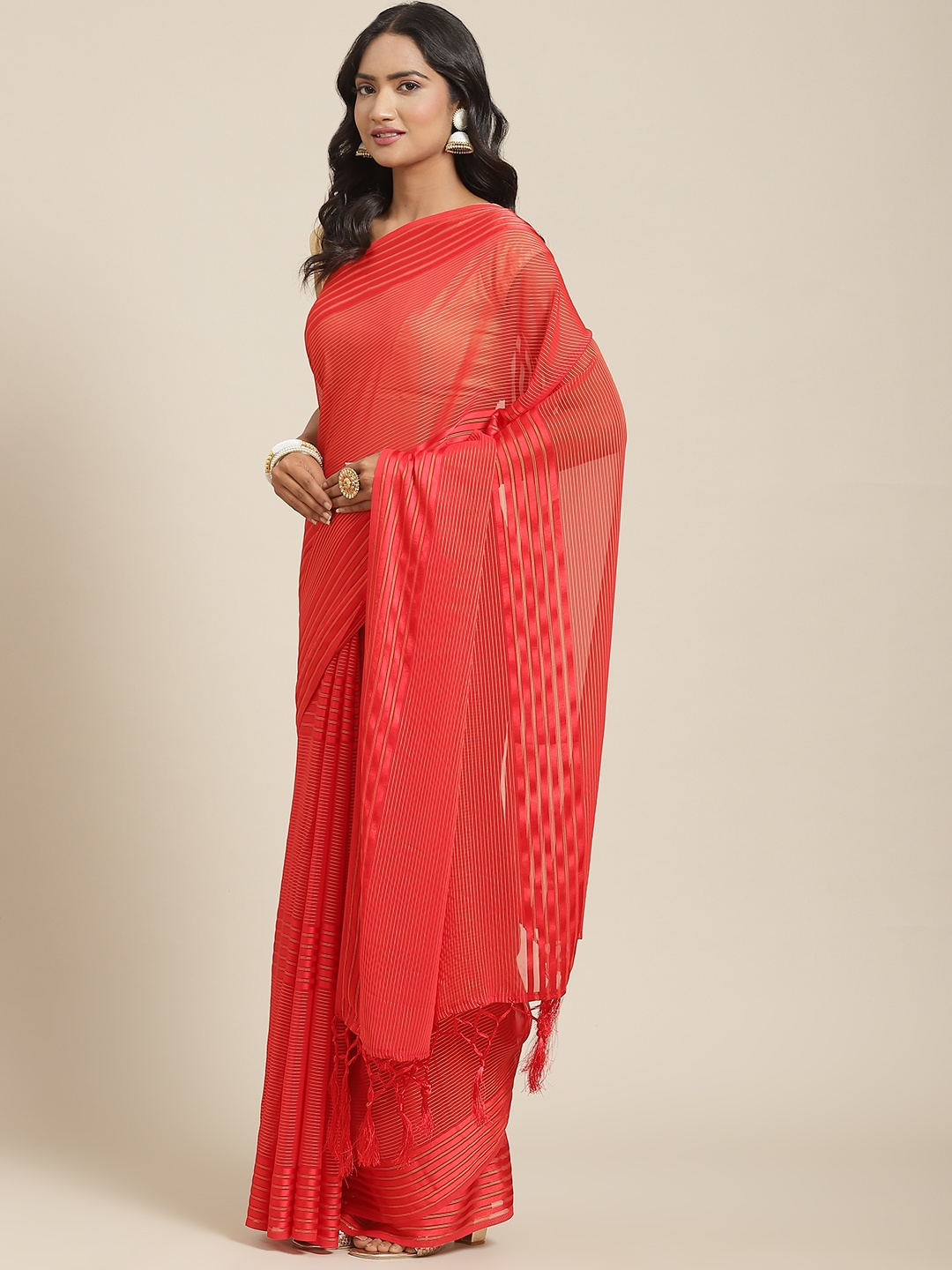 

Nanda Silk Mills Red Striped Saree