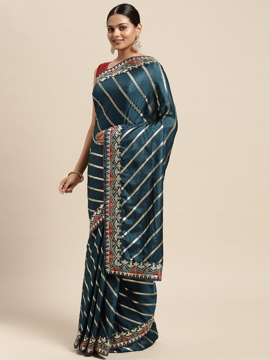 

Mitera Teal Blue & Gold-Toned Striped Gotta Patti Dola Art Silk Saree