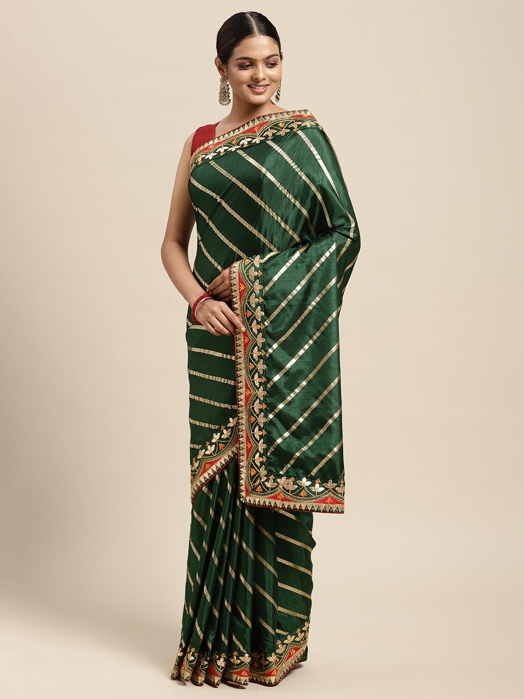 

Mitera Green & Gold-Toned Striped Gotta Patti Dola Art Silk Saree