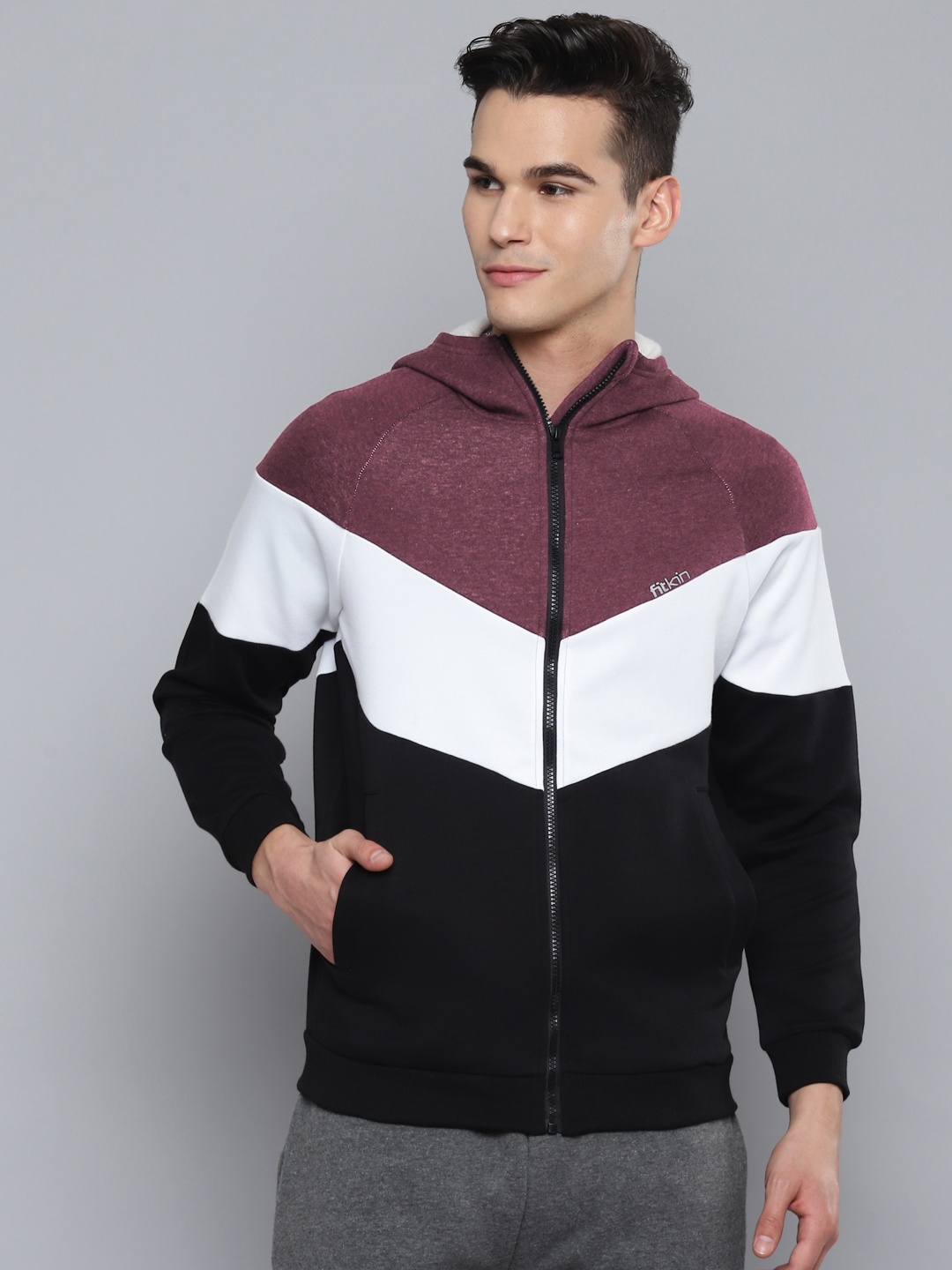 

Fitkin Men Black & White Colourblocked Pure Cotton Sporty Jacket