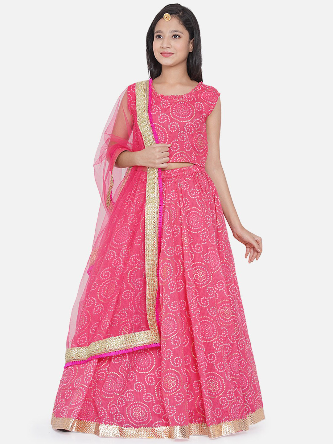 

Bitiya by Bhama Girls Pink & White Printed Ready to Wear Lehenga & Blouse With Dupatta