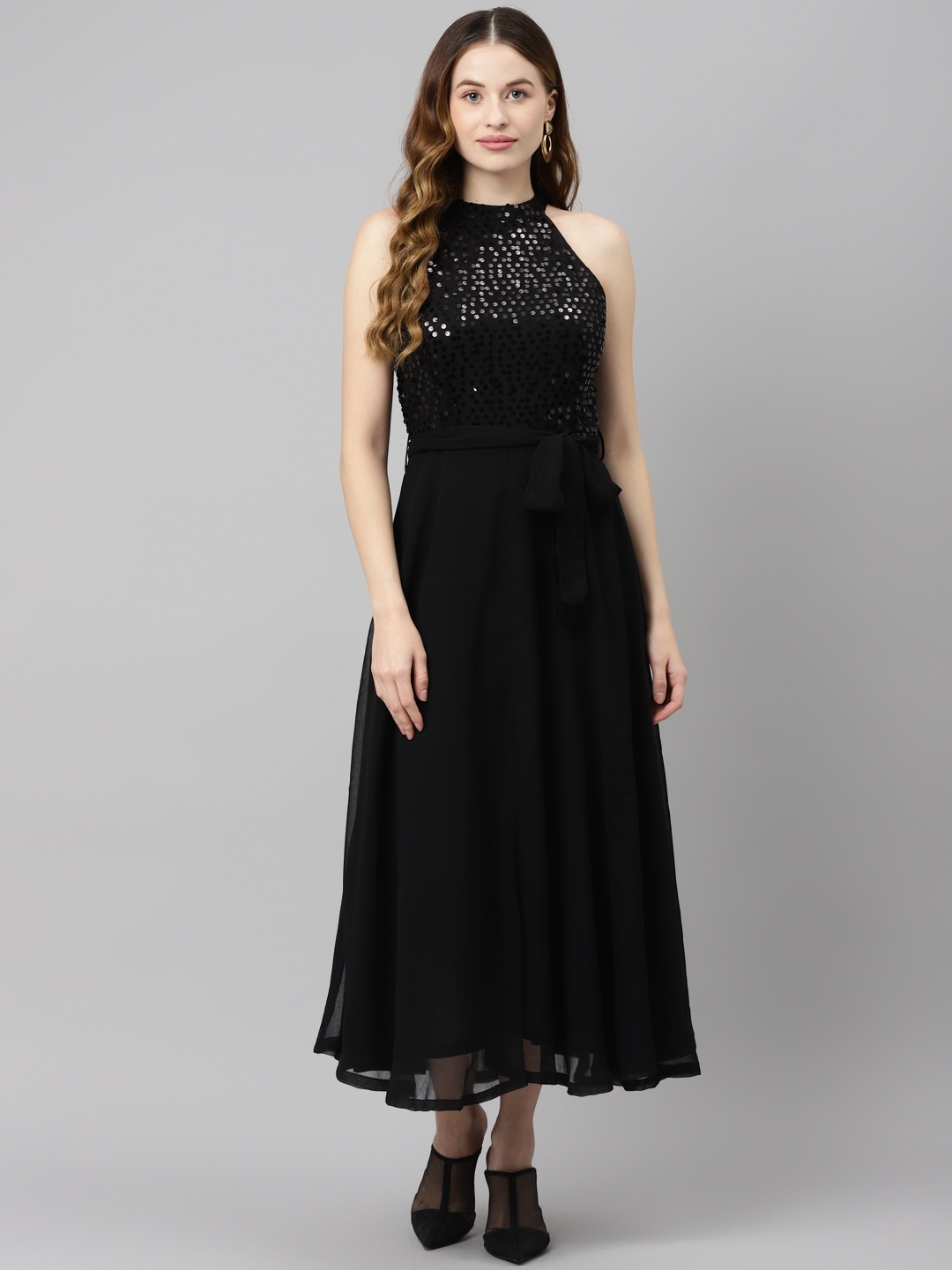 

Purple State Black Sequenced Detail Halter Neck Net Maxi Dress