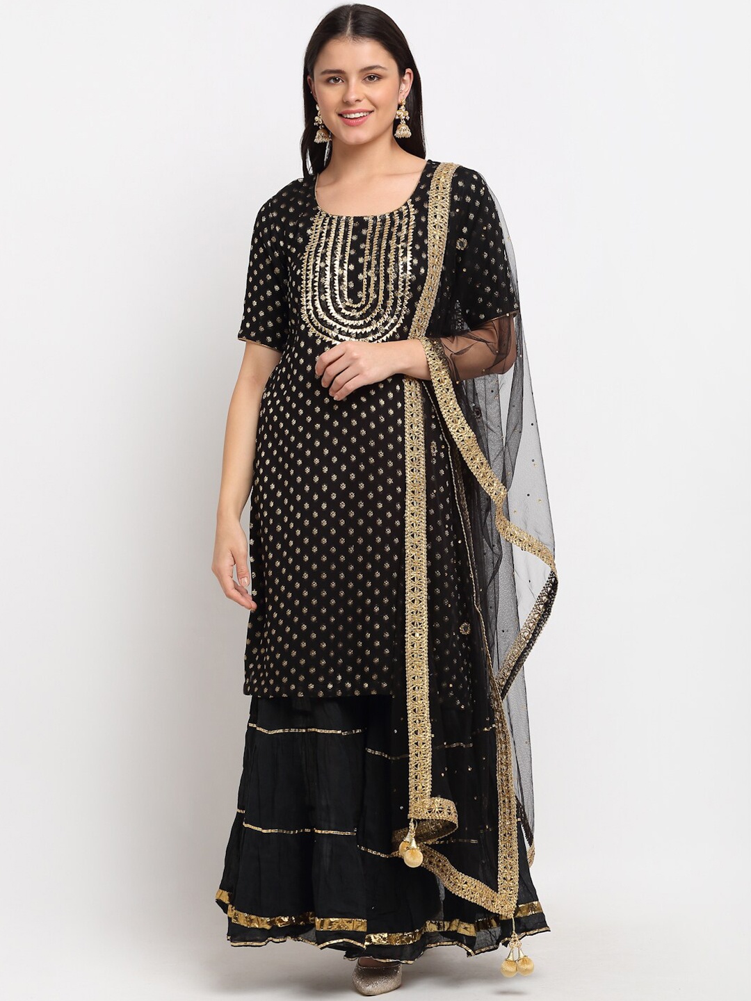 

anokherang Women Black Ethnic Motifs Gotta Patti Kurta with Sharara & With Dupatta