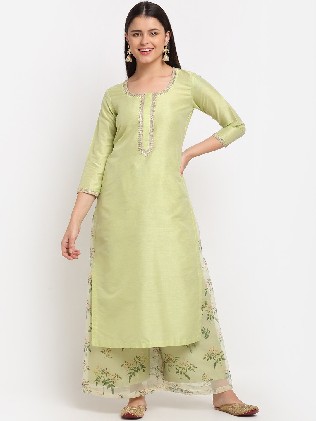 

anokherang Women Green Floral Gotta Patti Kurta with Palazzos