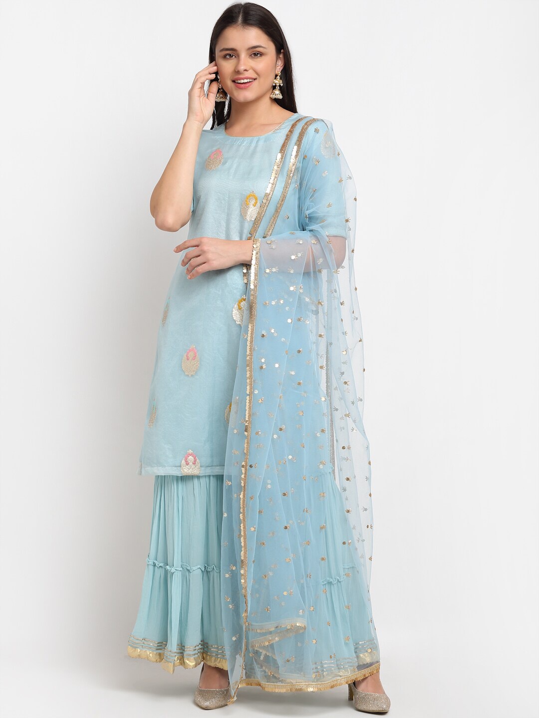 

anokherang Woman Blue Ethnic Motifs Embroidered Gotta Patti Kurti with Sharara &Dupatta