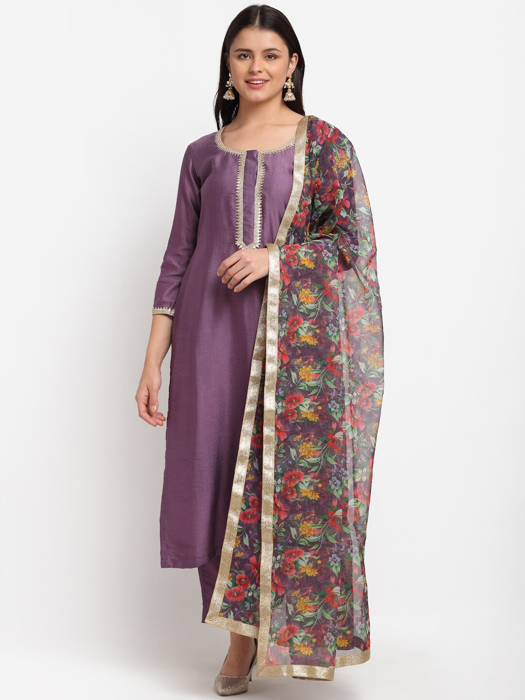 

anokherang Women Mauve Floral Printed Kurta with Trousers & Dupatta