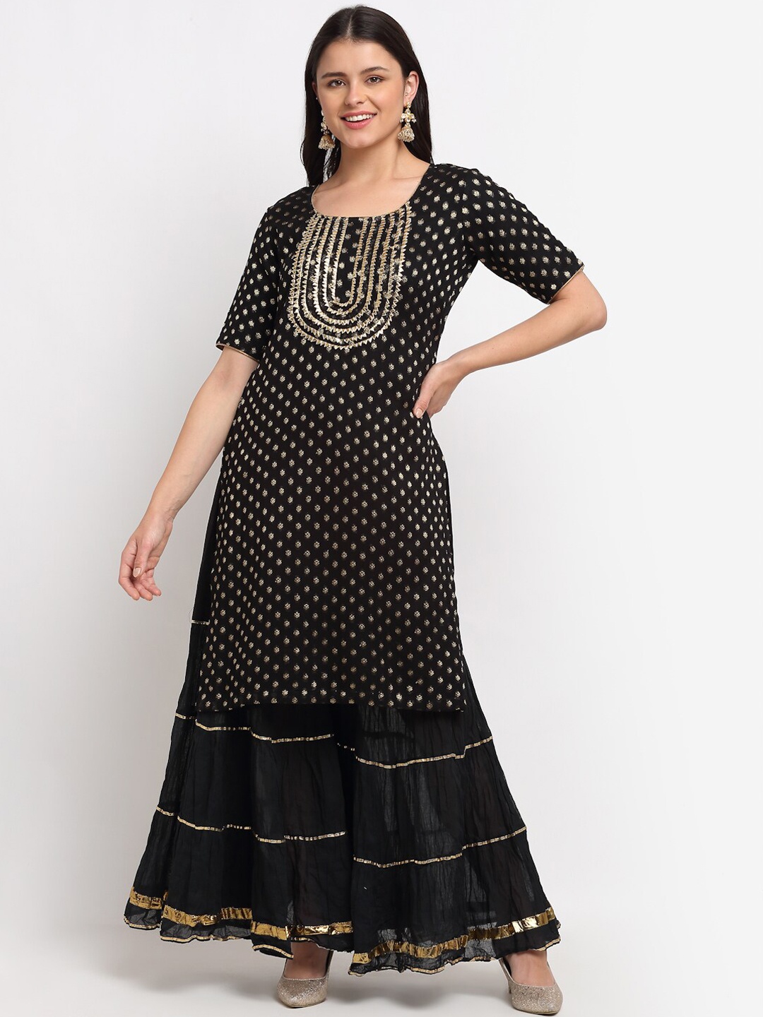 

anokherang Women Black Printed Panelled Gotta Patti Kurta with Sharara