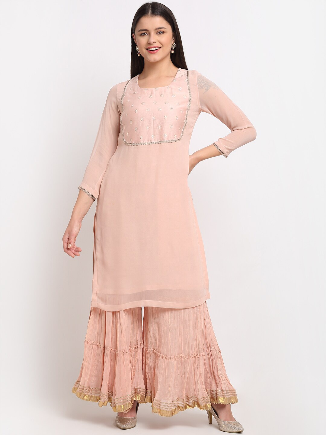 

anokherang Women Peach-Coloured Yoke Design Sequinned Silk Georgette Kurti with Sharara