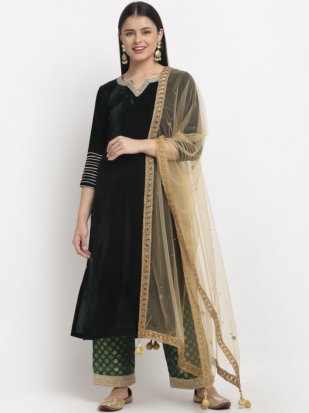 

anokherang Women Green Gotta Patti Velvet Kurta with Palazzos & With Dupatta