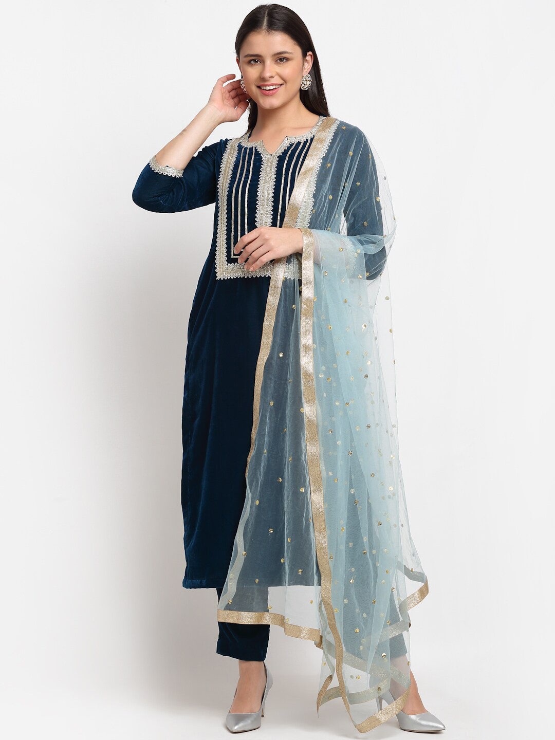 

anokherang Women Navy Blue Yoke Design Velvet Kurta With Trousers & Net Dupatta