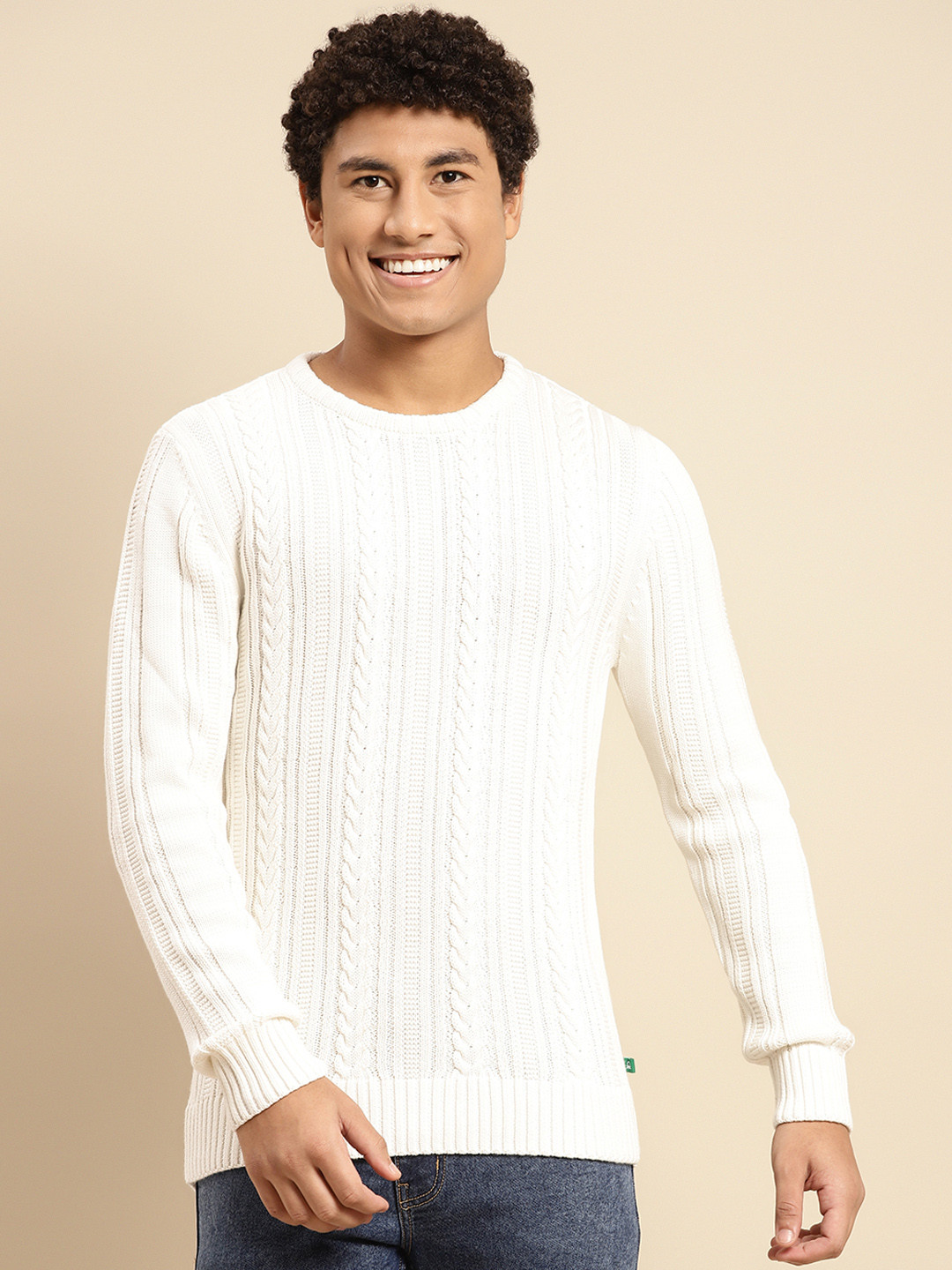 

United Colors of Benetton Men White Cable Knit Pullover