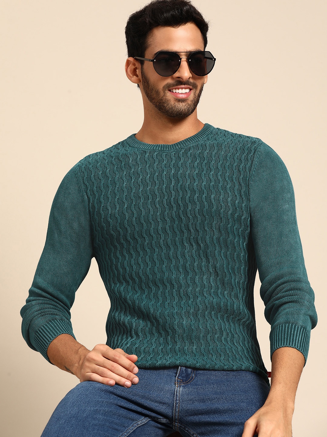 

United Colors of Benetton Men Teal Green Pure Cotton Self Design Pullover