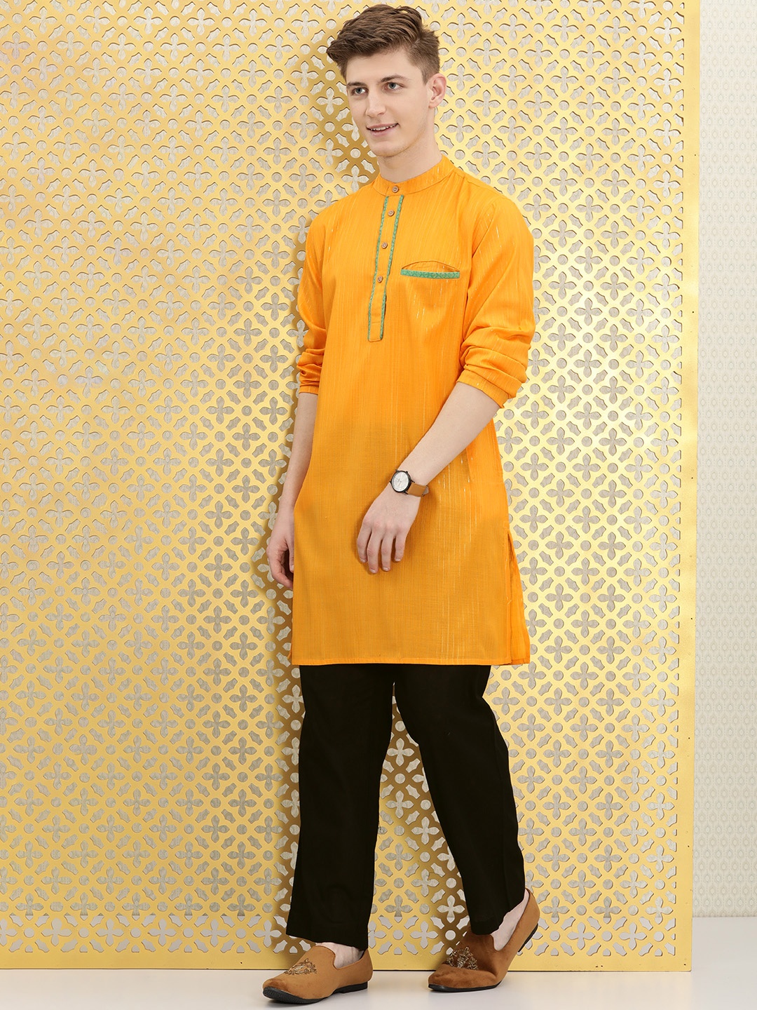 

Ode by House of Pataudi Men Orange & Black mandarin Collar Rozana Kurta with Trousers