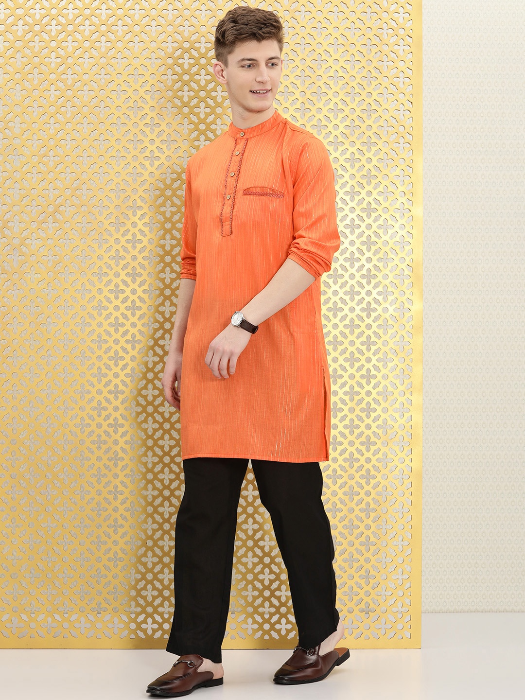 

Ode by House of Pataudi Men Orange & Black Striped Rozana Kurta with Trousers