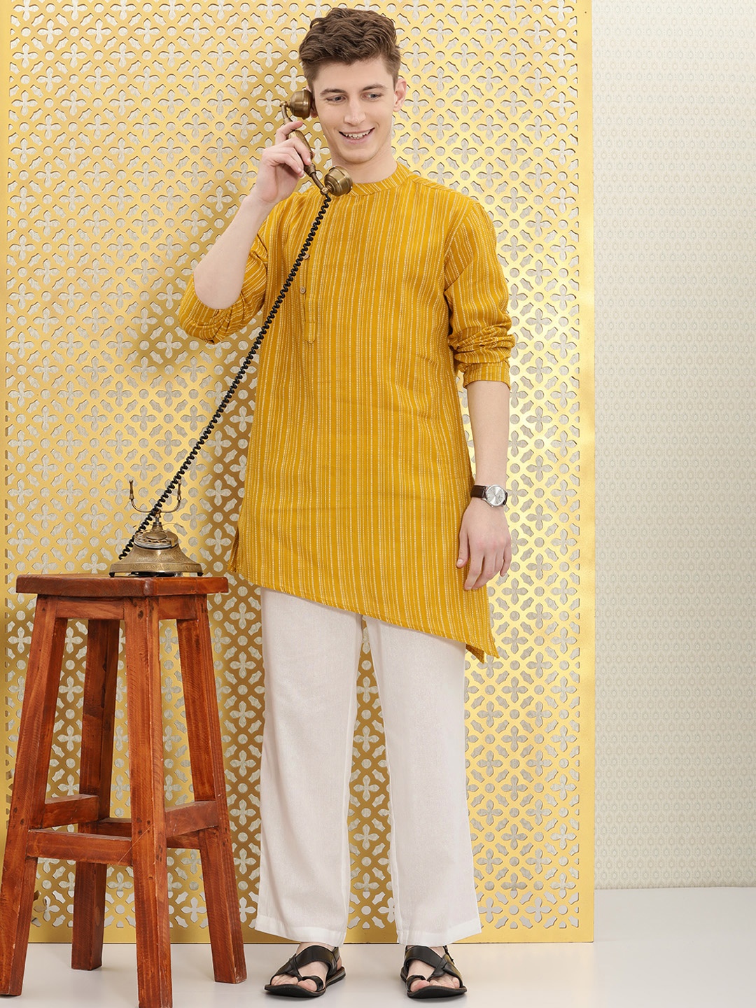 

Ode by House of Pataudi Men Mustard Yellow Striped Pure Cotton Rozana Kurta with Trousers