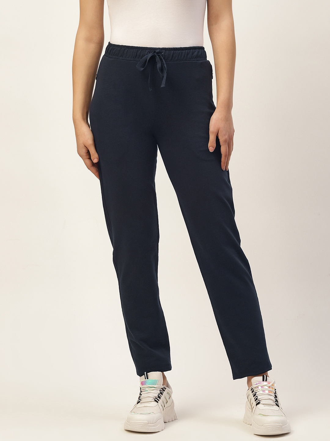 

FEMEA Women navy Solid Straight Fit Track Pants, Navy blue