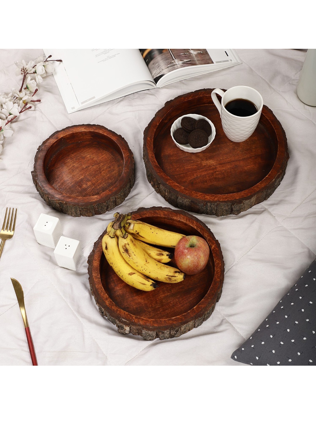 

The Decor Mart Set Of 3 Brown Solid Wooden Dip Bowl