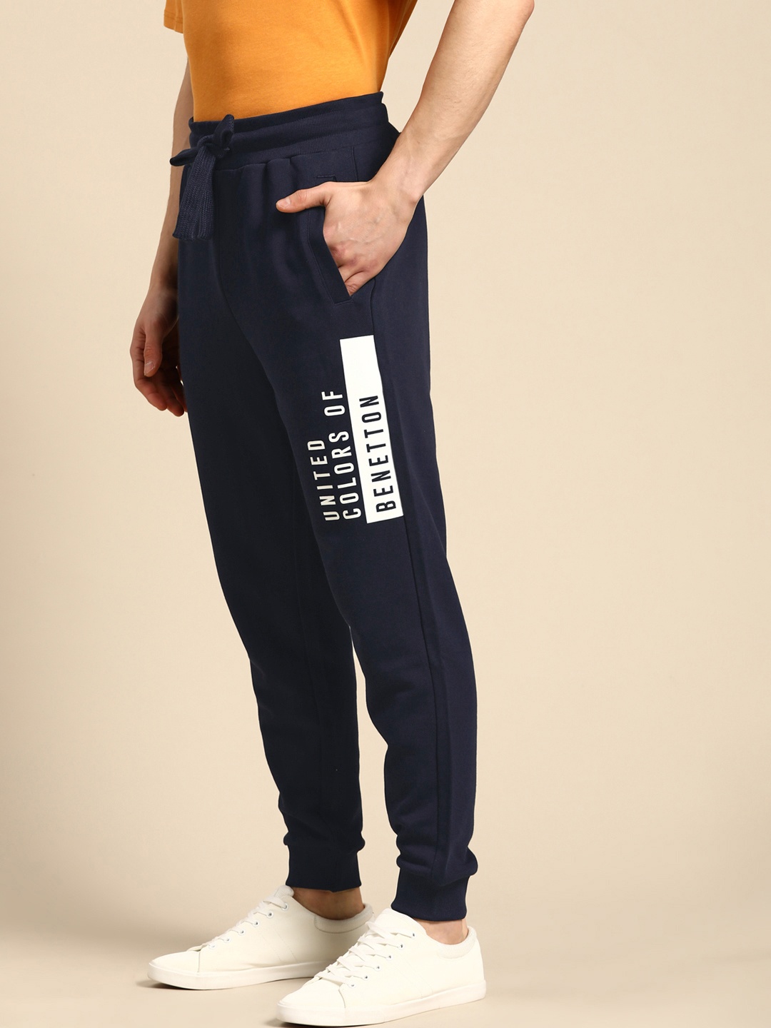 

United Colors of Benetton Men Navy Blue Pure Cotton Brand Logo Print Joggers