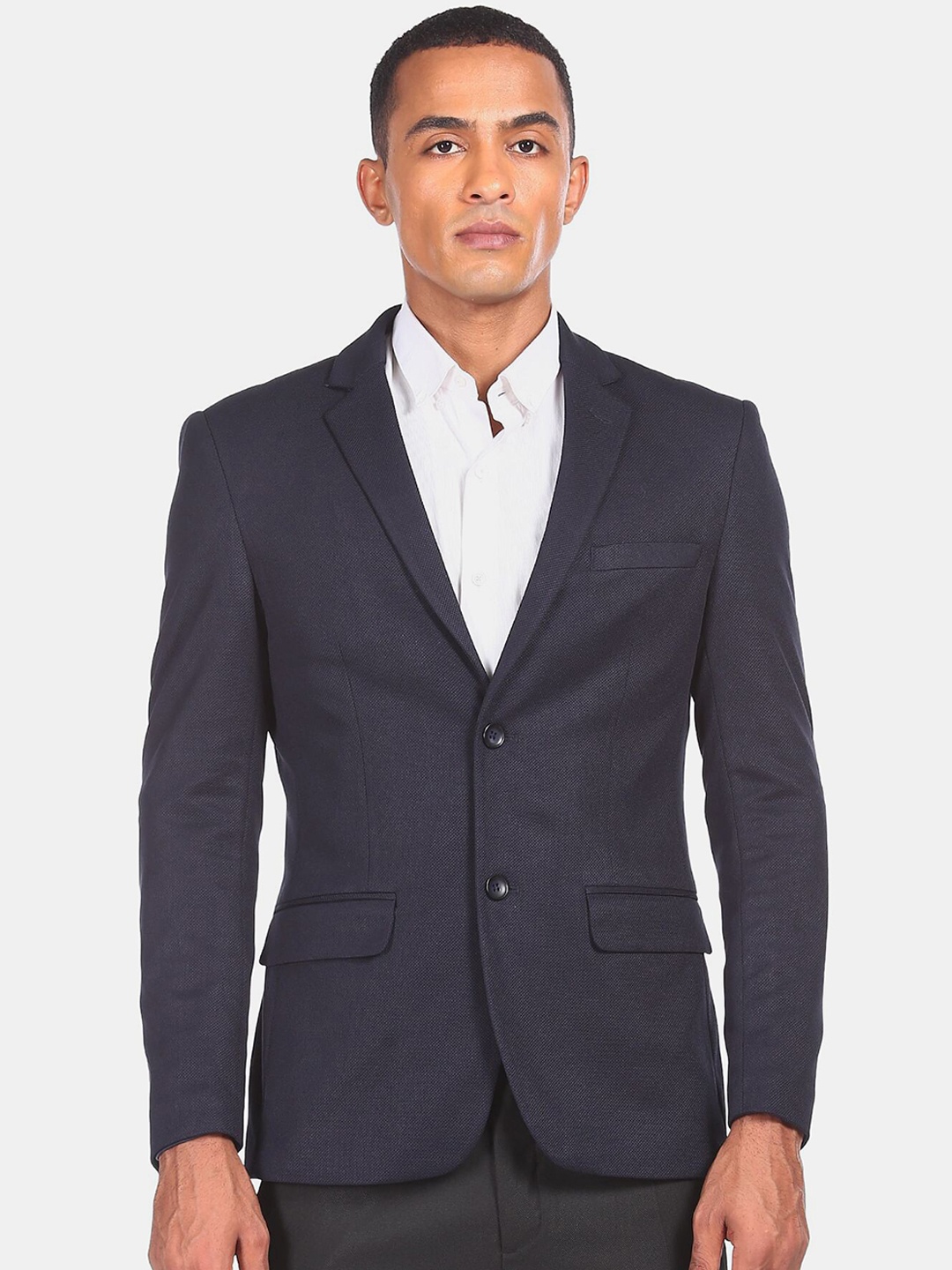 

Flying Machine Men Navy Blue Solid Single-Breasted Formal Blazer