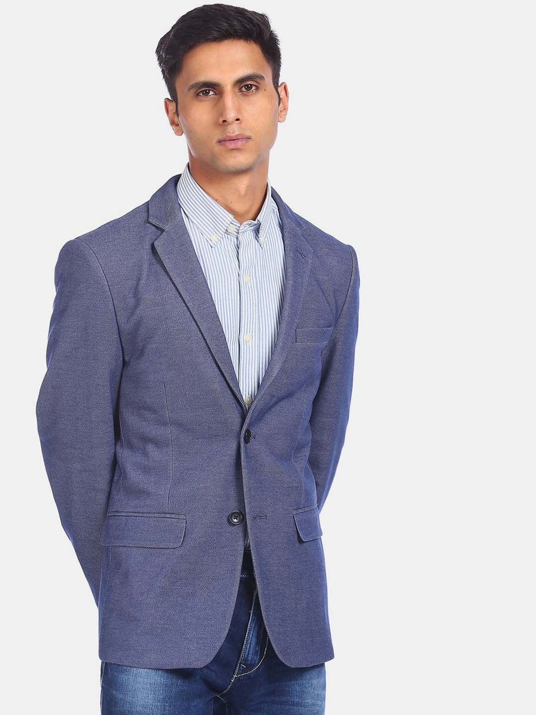 

Flying Machine Men Blue Self Design Single Breasted Casual Blazer