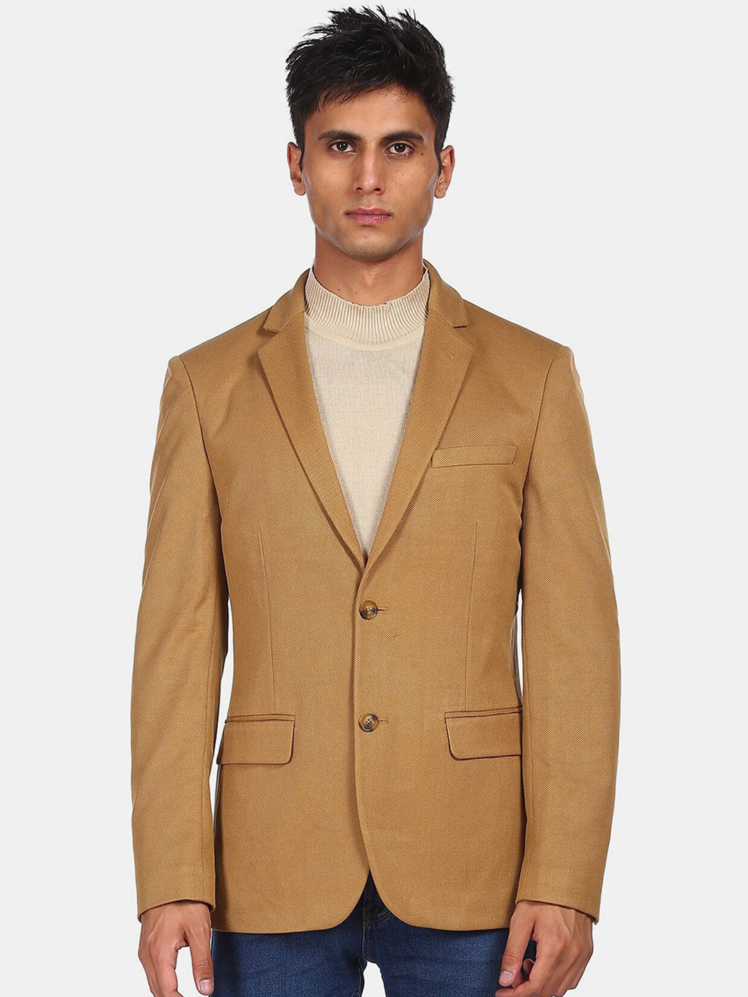 

Flying Machine Men Khaki Solid Single-Breasted Casual Blazer