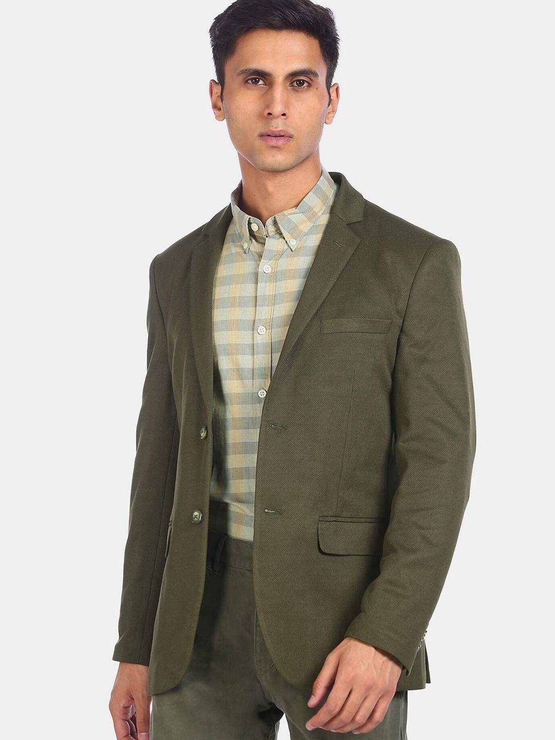 

Flying Machine Men Olive-Green Solid Single-Breasted Casual Blazer