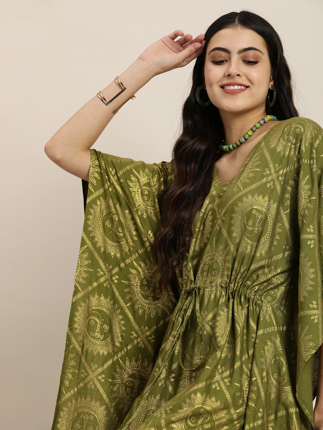 

Sangria Ethnic Motifs Printed V-Neck Kimono Sleeves Tie-Ups Detailed Kaftan Dress, Green
