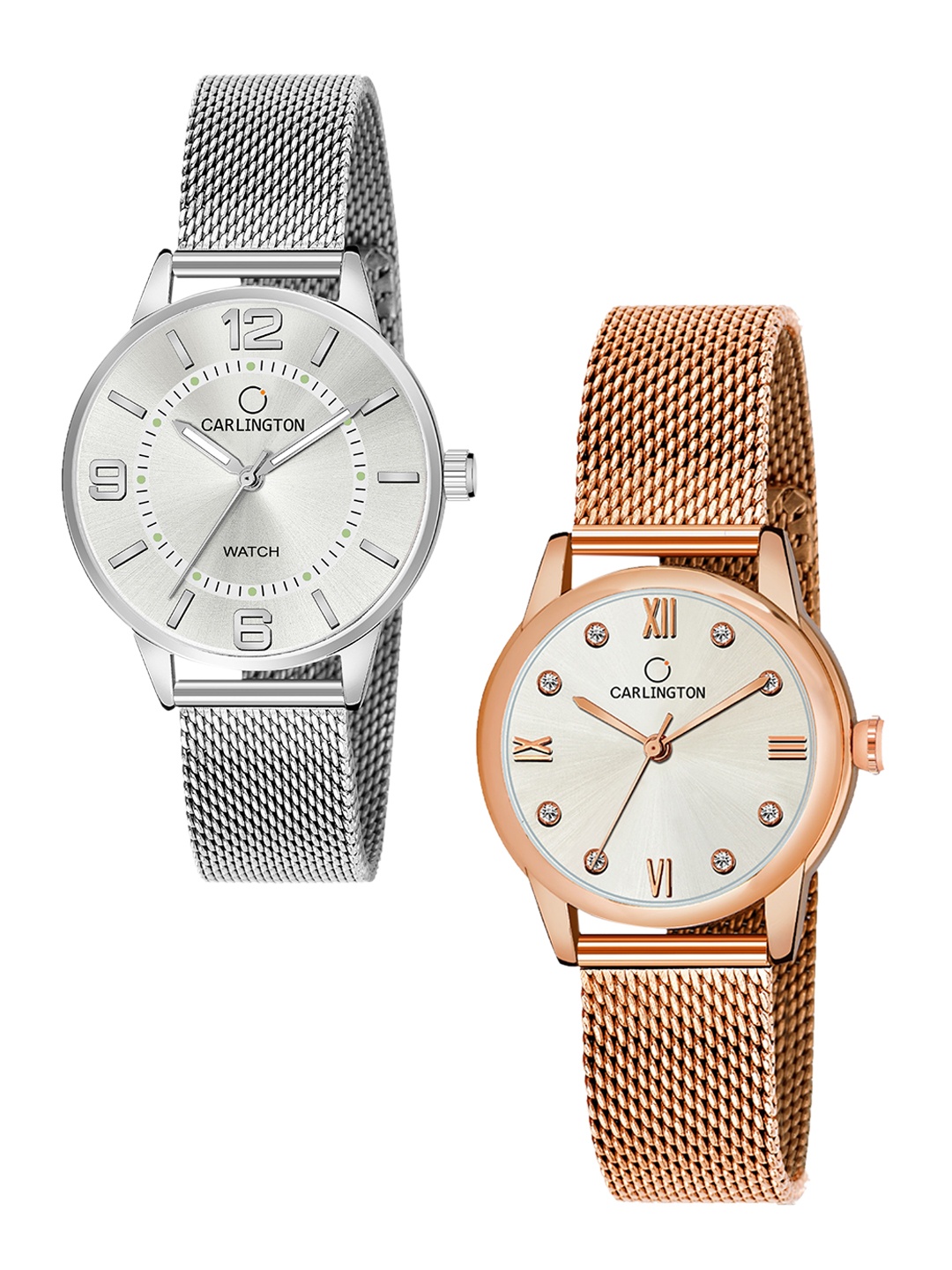 

CARLINGTON Women Set of 2 Analogue Watch - CT2002 Silver-CT2005 RoseWhite, Multi
